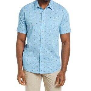 TravisMathew Button-Up Shirt Pick Six Geo Print Short Sleeve Stretch XXL Blue
